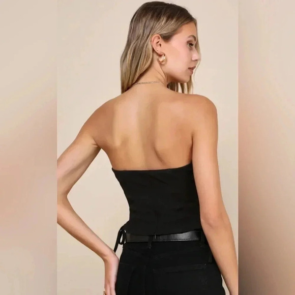 Lulus Adoring Allure Black Strapless Lace Up Bustier Crop Top - Picture 3 of 5